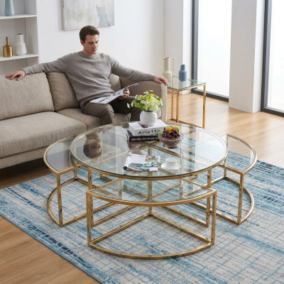 Sofà in vetro design rotondo, tavolino per divano in acciaio inossidabile, design rotondo per la casa.