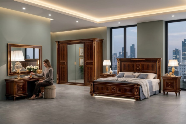 Set da camera da letto con letto comodino comò specchio sgabello Nuovo 7 pezzi stile barocco