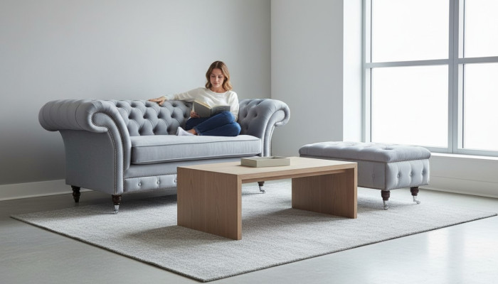 Chesterfield Poggiapiedi Poltrona Pouf Ottomano da salotto Tessuto in Pelle Nuovo