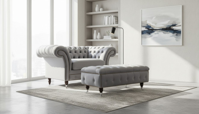 Chesterfield Poggiapiedi Poltrona Pouf Ottomano da salotto Tessuto in Pelle Nuovo