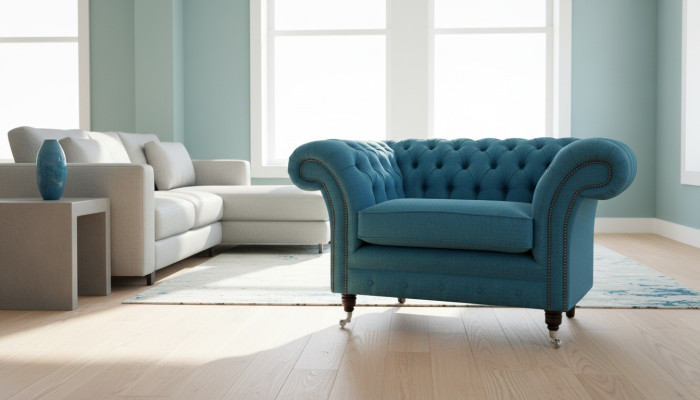 Divano Chesterfield in tessuto con design, poltrona, divano imbottito in tessam, sedile con posti a sedere.
