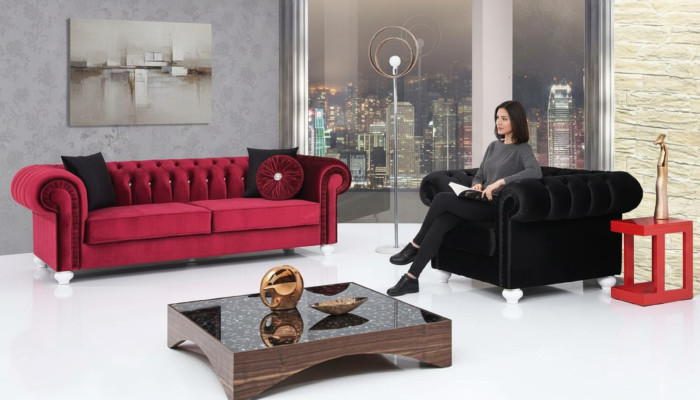 2 pezzi. Set di divani 3+1 posti Divano in pelle Chesterfield in velluto tessile
