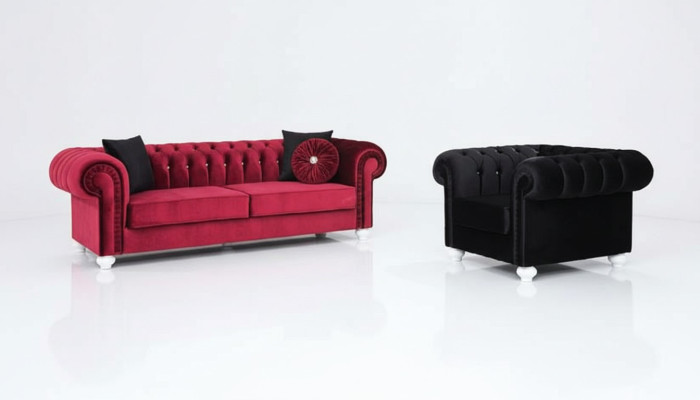 2 pezzi. Set di divani 3+1 posti Divano in pelle Chesterfield in velluto tessile