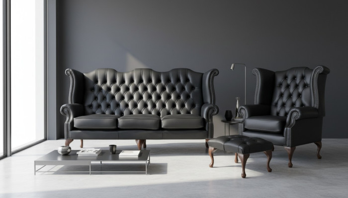 Divano Chesterfield in pelle nera con 3 posti più 1 e poltrona ad alette.