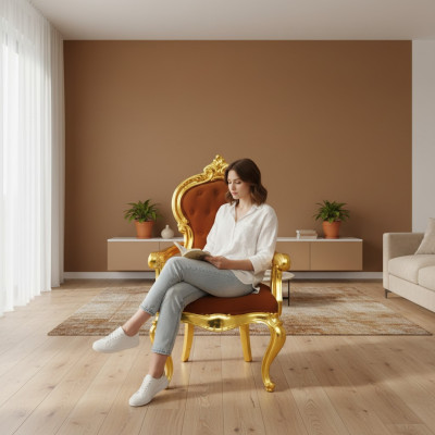 Elegante sedia barocca in originale tonalità arancione con brillanti supporti dorati.