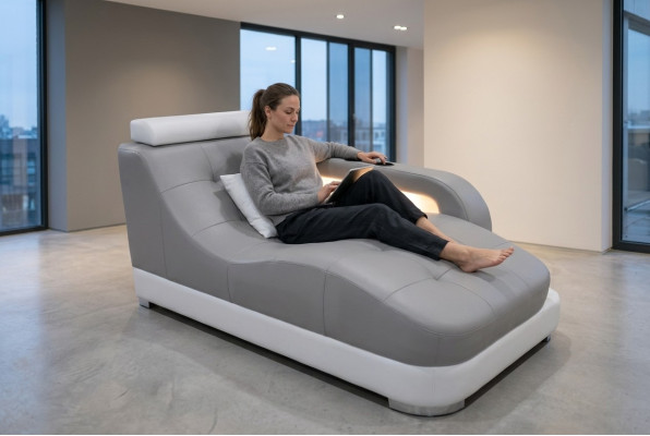 Designer Divano Chaise longue in Pelle Grigio Moderno Lettino Pouf Divano in Pelle Vera Relax