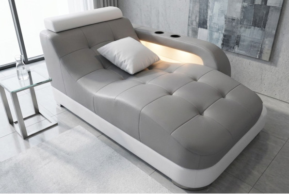 Designer Divano Chaise longue in Pelle Grigio Moderno Lettino Pouf Divano in Pelle Vera Relax