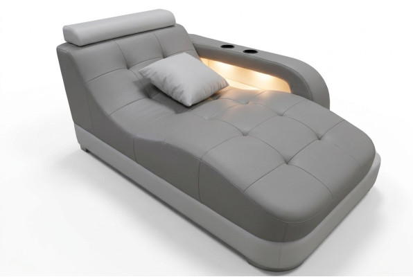Designer Divano Chaise longue in Pelle Grigio Moderno Lettino Pouf Divano in Pelle Vera Relax