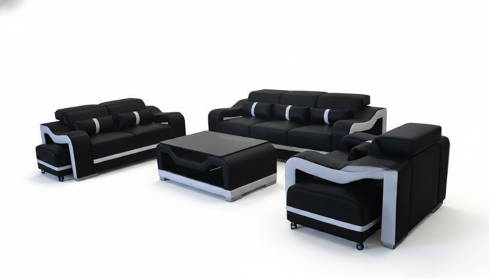 Divano in pelle, divano imbottito 3+2+1 completo set di divani G8027D + tavolo