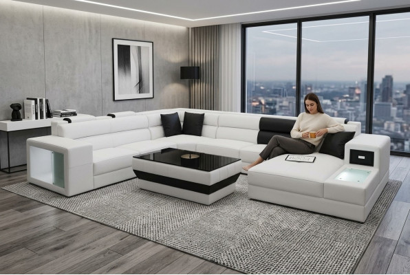 Design Imbottito in pelle Angolo divano in pelle Poltrona di angolo Soggiorno Paesaggio
