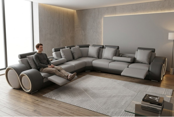 Angolo in pelle Moderno Divano XXL Composizione per soggiorno in pelle Divano a L A1163 III