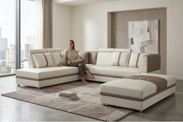 Angolo in pelle Moderno Divano grande angolare in pelle A forma di L A1128II + Pouf