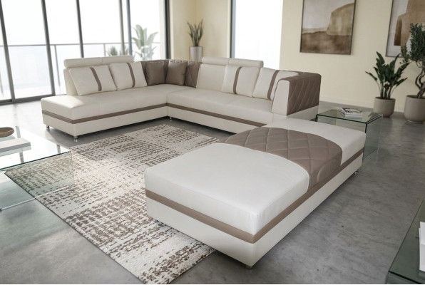 Angolo in pelle Moderno Divano grande angolare in pelle A forma di L A1128II + Pouf