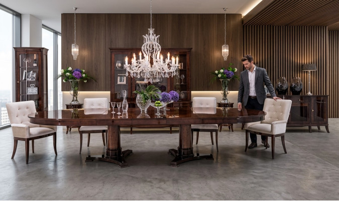 Lusso Set soggiorno pranzo 8 pezzi con tavolo, credenza, sedie, vetrina.