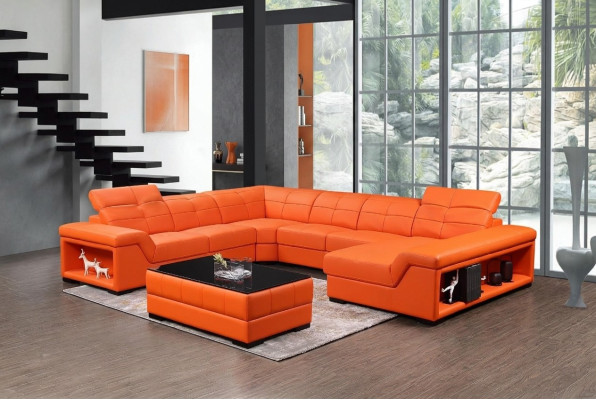XXL set da soggiorno di design angolare divano divano a U tavolo in pelle nuovo.