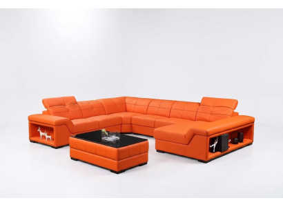 XXL set da soggiorno di design angolare divano divano a U tavolo in pelle nuovo.