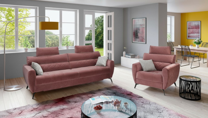 Divano design classico, set completo di cuscini seduta 3+2 in tessuto.