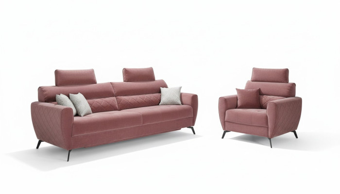 Divano design classico, set completo di cuscini seduta 3+2 in tessuto.