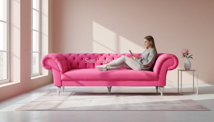 Design tessuto divano imbottite divani tessuto moderno divano Chesterfield a 3 posti rosa