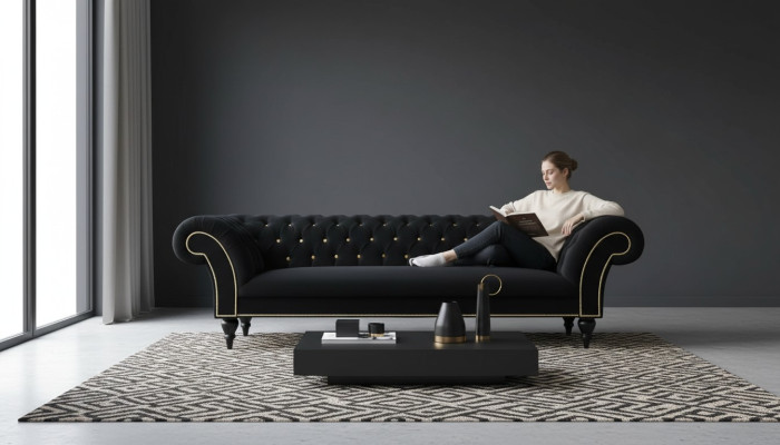Design in tessuto Divano Imbottito Tessile Moderno Divano Chesterfield a 3 Posti Nero