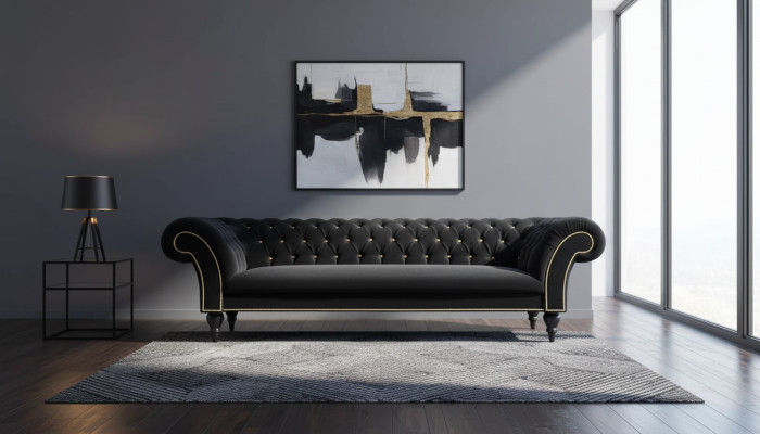 Design in tessuto Divano Imbottito Tessile Moderno Divano Chesterfield a 3 Posti Nero