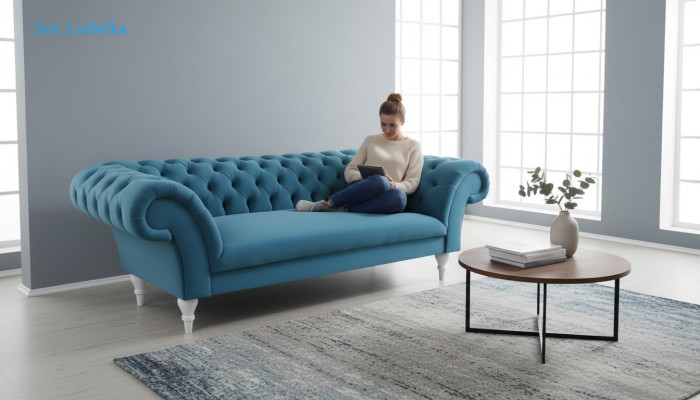 Tessuto 3 posti Blu Design in stoffa divano imbottito Divani moderni Divano Chesterfield