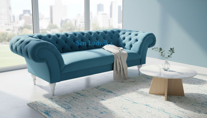 Tessuto 3 posti Blu Design in stoffa divano imbottito Divani moderni Divano Chesterfield