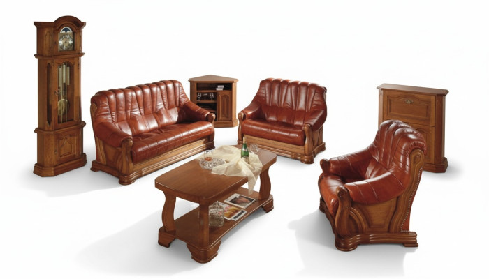 Set Divano Salotto Sofà Imbottito Seduta Divano in Pelle Legno 3+2+1