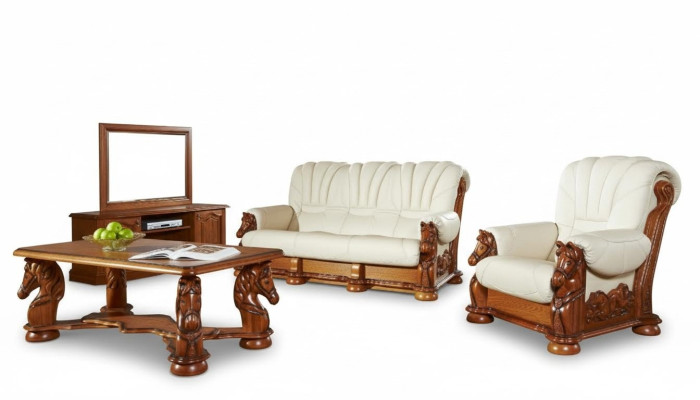 Classico set di divani sofà in pelle con legno 3+2+1.