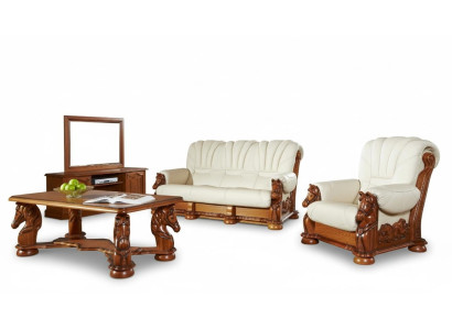 Classico set di divani sofà in pelle con legno 3+2+1.