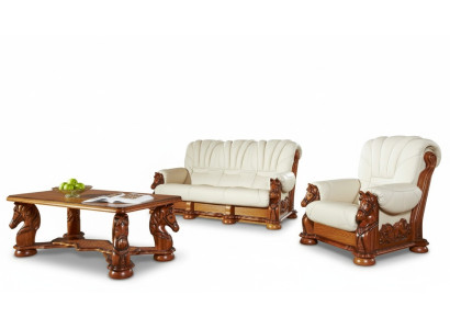 Set di divani classici in pelle e legno con 3+2+2 posti.