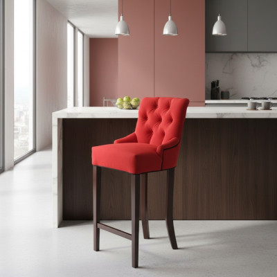 Set di sgabelli da bar Chesterfield rossi, design, set di 4 sgabelli imbottiti, sedie in legno massello.