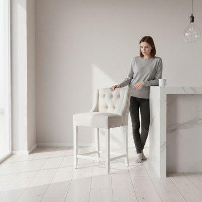 Sgabello da bar Chesterfield grigio chiaro, poltrona design di lusso, monoposto.