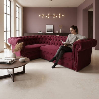 Divano ad angolo Chesterfield imbottito in velluto divano ad angolo in velluto con sedili imbottiti.