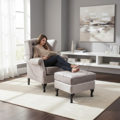 Sgabello Beige Design di Lusso Sgabello Imbottito Seduta Tessile Relax Divano Complemento