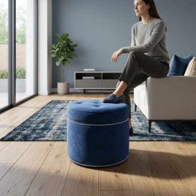 Chesterfield Pouf Tessuto Poggiapiedi Rotondo Pouf Pouf Imbottito Sgabello Sedile Nuovo