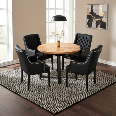 Mobili da sala da pranzo moderni. Preziosa tavola rotonda in legno + set da 7 pezzi con x6 sedie in pelle Chesterfield.