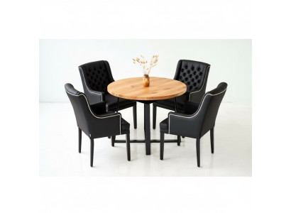 Mobili da sala da pranzo moderni. Preziosa tavola rotonda in legno + set da 7 pezzi con x6 sedie in pelle Chesterfield.
