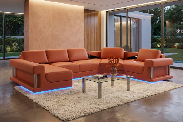 Divano in pelle a forma di L con divano ad isola, angolo e insieme angolare, design moderno, con USB.