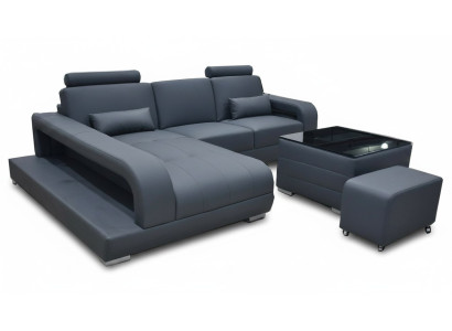 Divano XXL in pelle, set di mobili, design moderno, divano ad angolo a forma di L con tavolo USB.