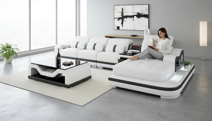 Divano in pelle Divano Set di divani Nuovo 3+2+1 posti Design moderno del divano con USB.