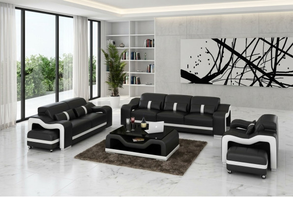 Set di divani moderni in pelle con poltrone e divano a 3 posti e a 2 posti, completamente nuovo.