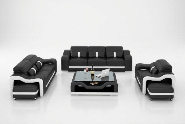 Set di divani moderni in pelle con poltrone e divano a 3 posti e a 2 posti, completamente nuovo.