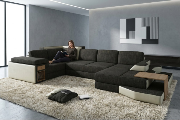 XXL Design Divano Grande con USB, Divano ad Angolo Salotto a U in Pelle e Tessuto
