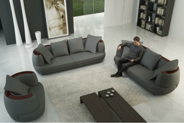 Set di divani con USB, divano di design di lusso, imbottitura 3 + 2 + 1 in pelle grigia, nuovo.