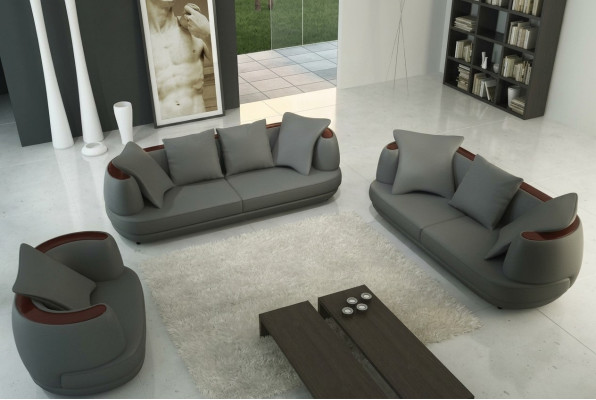 Set di divani con USB, divano di design di lusso, imbottitura 3 + 2 + 1 in pelle grigia, nuovo.