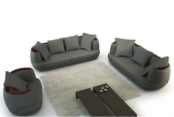 Set di divani con USB, divano di design di lusso, imbottitura 3 + 2 + 1 in pelle grigia, nuovo.