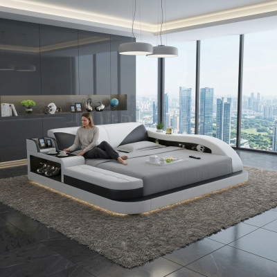 Letto multifunzione di design di lusso con doppio ripiano in pelle 180x200.