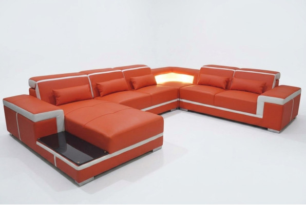 Divano ad angolo di design + salotto in pelle con cuscini USB angolari, divano a L XXL per il soggiorno.