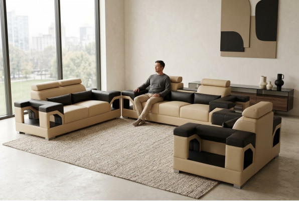 Impostato in pelle Divano + USB Divano imbottito Divani Divano Paesaggio abitativo di lusso 3+2+1 Traduzione in italiano: Divano in pelle con USB, divano imbottito, divani, divano per scenario abitativo di lusso 3+2+1.